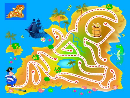 Logical puzzle game with labyrinth for children and adults. Help pirate find way in treasure island till buried gold. Printable worksheet for kids brain teaser book. IQ test. Vector cartoon image.のイラスト素材