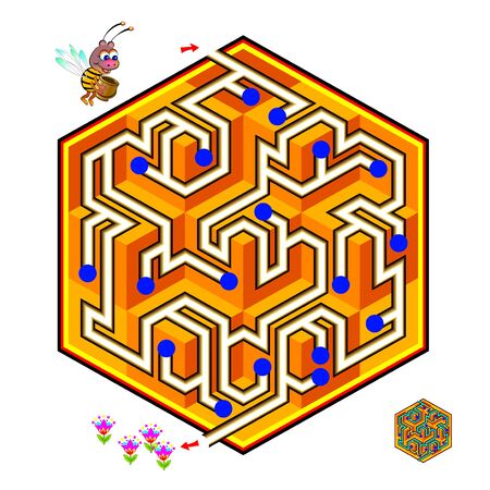 Logical puzzle game with labyrinth for children and adults. Help the little bee find the way in honeycomb till flowers. Printable worksheet for kids brain teaser book. IQ test. Vector cartoon image.のイラスト素材
