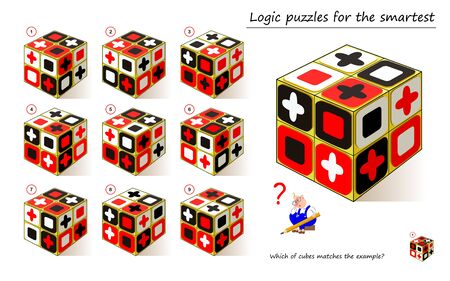 Logical puzzle game for children and adults. Which of cubes matches the example? Printable page for kids brain teaser book. Developing spatial thinking skills. IQ training test. Vector image.のイラスト素材