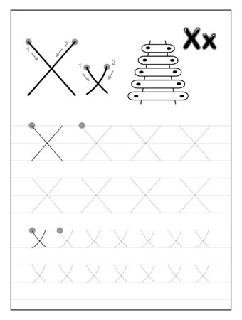 Tracing alphabet letter X. Black and white educational pages on line for kids. Printable worksheet for children textbook. Developing skills of writing. Vector for baby book. Back to school.のイラスト素材