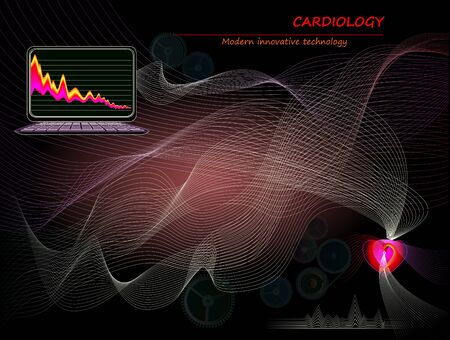 Healthy heart medicine model. Modern innovative High tech digital technology in cardiology. Stylized wavelike electrocardiography. Print for scientific research in biology, physics, nanotechnologies.のイラスト素材