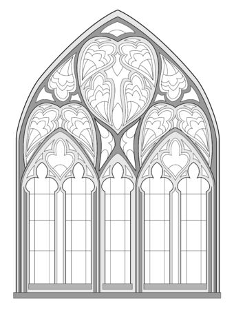 Black and white fantasy drawing for coloring book. Beautiful Gothic stained glass window in French churches. Medieval architecture in western Europe. Worksheet for children and adults. Vector image.のイラスト素材