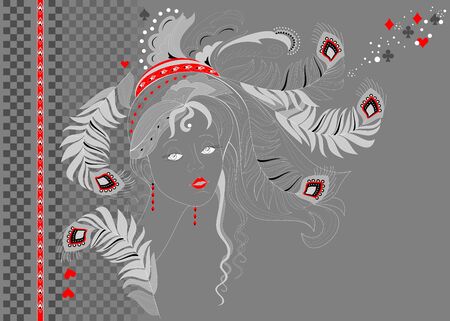 Abstract portrait of beautiful girl at night party. Poster for carnival festival or modern pop cabaret. Background for masquerade holiday Mardi Gras. Book cover for kids fairy tale. Vector image.のイラスト素材