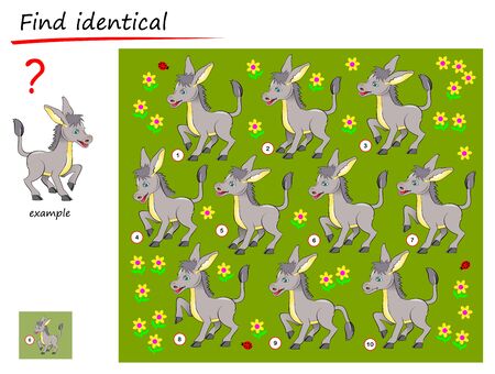 Logical puzzle game for children and adults. Need to find donkey identical the example. Printable page for kids brain teaser book. Developing spatial thinking skills. IQ test. Vector cartoon image.のイラスト素材