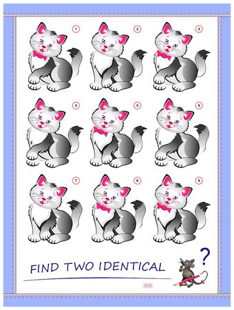 Logical puzzle game for little children. Need to find two identical cats. Educational page for kids. IQ training test. Printable worksheet for textbook. Back to school. Vector cartoon image.のイラスト素材
