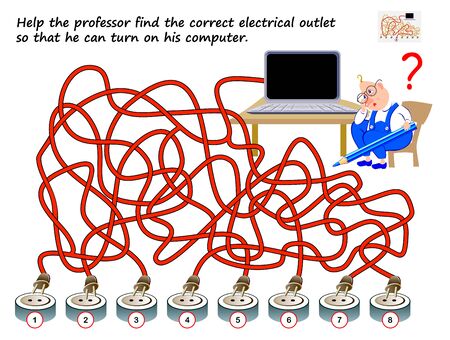 Logic puzzle game with labyrinth for children and adults. Help the professor find the correct electrical outlet so that he can turn on his computer. Worksheet with maze for kids brain teaser book.のイラスト素材