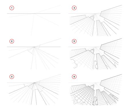 How to draw sketch of cityscape with skyscrapers. Creation step by step pencil drawing. Educational page for artists. School textbook for developing artistic skills. Hand-drawn vector image.のイラスト素材