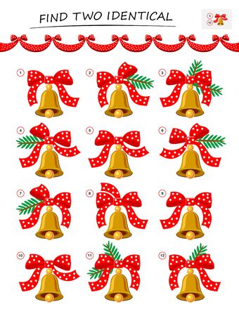 Need to find two identical Christmas bells. Logic puzzle game for children and adults. Printable page for kids brain teaser book. Developing spatial thinking skills. IQ test. Vector cartoon image.のイラスト素材