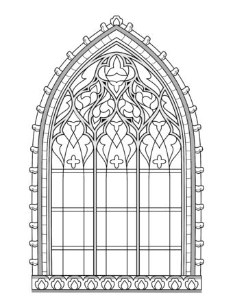 Beautiful medieval stained glass window in French churches. Black and white drawing for coloring book. Flaming Gothic architectural style in western Europe. Worksheet for children. Vector image.のイラスト素材