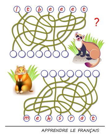 Learn French. Logic puzzle game with cute animals for study French language. Find correct places for letters, write them in relevant circles and read the word. Printable worksheet for kids textbook.のイラスト素材
