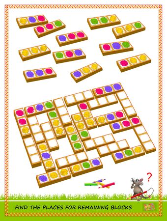 Logic puzzle game for children and adults. Need to find places for remaining blocks and to color white squares respecting domino rules. Printable page for kids brain teaser book. IQ training test.のイラスト素材