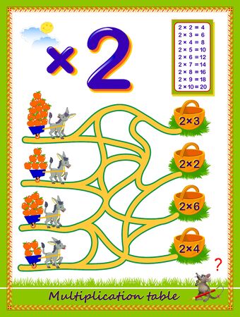 Multiplication table by 2 for kids. Count the quantity of apples, find the way and draw lines till baskets. Educational page. Logic puzzle game. Printable worksheet for children math textbook.のイラスト素材