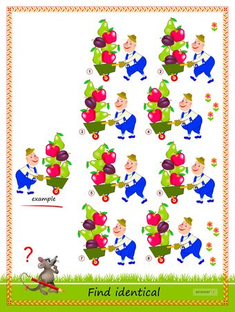 Logic puzzle game for children and adults. Find reflection of gardener identical the example. Printable page for kids brain teaser book. IQ training test. Flat vector cartoon image.のイラスト素材
