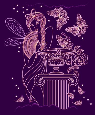 Background for masquerade party with antique fairy. Abstract portrait of beautiful girl at night club. Poster for carnival festival or modern pop cabaret. Book cover for kids fairy tale. Flat vector.のイラスト素材