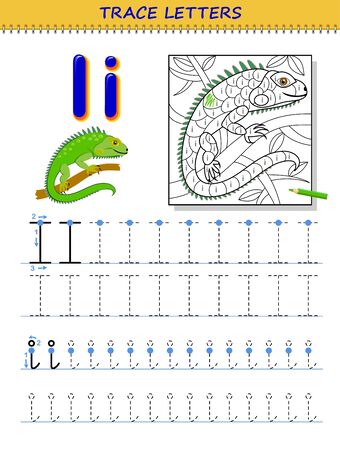 Tracing letter i for study alphabet. Printable worksheet for kids. Education page for coloring book. Developing children skills for writing and tracing ABC. Vector cartoon image for school textbook.のイラスト素材