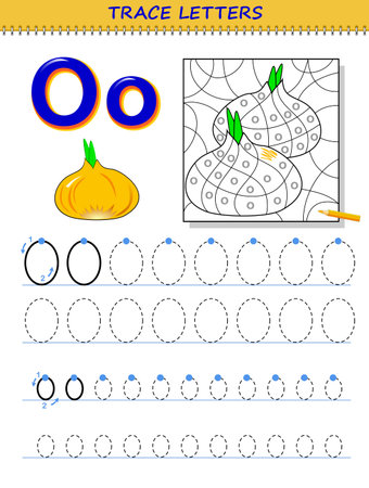 Tracing letter O for study alphabet. Printable worksheet for kids. Education page for coloring book. Developing children skills for writing and tracing ABC. Vector cartoon image for school textbook.