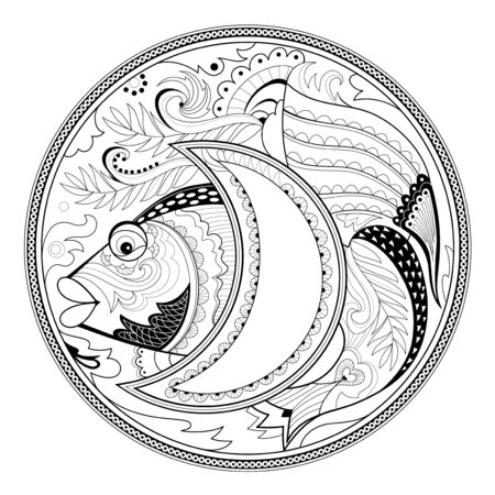 Medallion with fantastic fairyland fish. Black and white page for coloring book for children and adults. Modern print for coins, fashion, embroidery, decoration, tattoo. Hand-drawn vector image.のイラスト素材