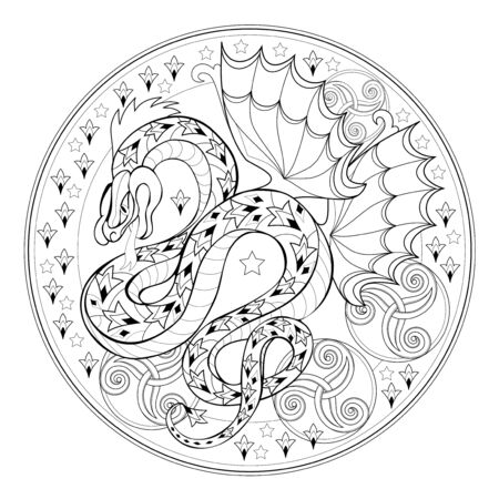 Medallion with fantastic Celtic dragon. Black and white page for coloring book for children and adults. Modern print for coins, fashion, embroidery, decoration, tattoo. Hand-drawn vector image.のイラスト素材