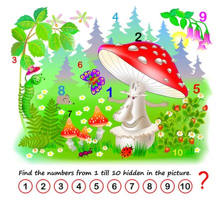 Logic puzzle game. Math education for young children. Find the numbers from 1 till 10 hidden in the picture. Developing counting skills. IQ test. Printable worksheet for kids book. Back to school.のイラスト素材