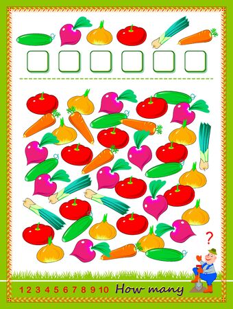 Math education for children. Count quantity of vegetables and write numbers. Developing counting skills. Printable worksheet for kids textbook. Logic puzzle game. IQ test. Flat vector cartoon image.のイラスト素材