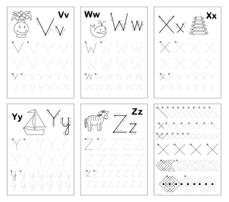 Set of black and white educational pages on line for kids. Learn to trace alphabet letters. Printable worksheet for children textbook. Developing writing skills. Back to school. ABC exercise book.のイラスト素材