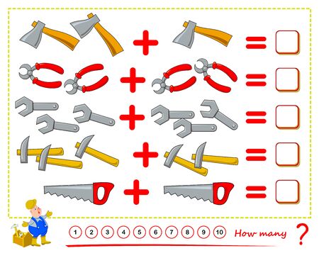 Math education for children. Count the quantity working tools, solve examples and write numbers. Printable worksheet for kids. Logic puzzle. Mathematics exercise book on addition. Flat cartoon vectorのイラスト素材