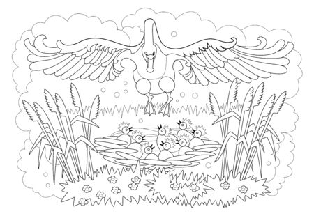 Black and white page for kids coloring book. Illustration of flying swan and nest with babies. Worksheet for children and adults. Modern print for fashion, embroidery, decoration. Hand-drawn vector.のイラスト素材