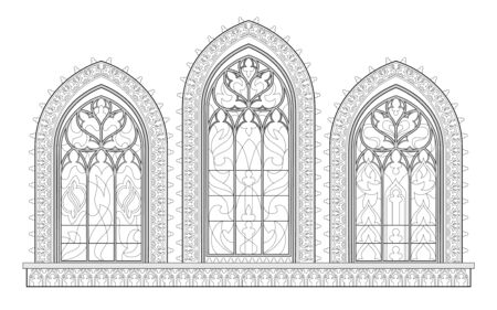Black and white drawing for coloring book. Beautiful medieval stained glass window in French churches. Gothic architectural style in western Europe. Worksheet for children. Fantasy vector image.のイラスト素材