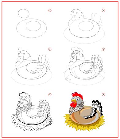 Page shows how to learn to draw step by step cute hen sitting in the nest. Developing children skills for drawing and coloring. Printable worksheet for kids school exercise book. Online education.のイラスト素材