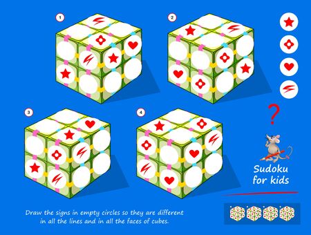 Set of logic 3D Sudoku puzzle games for kids. Draw the signs in empty circles so they are different in all lines and in all faces of cubes. Printable page for children brain teaser book. Play online.のイラスト素材