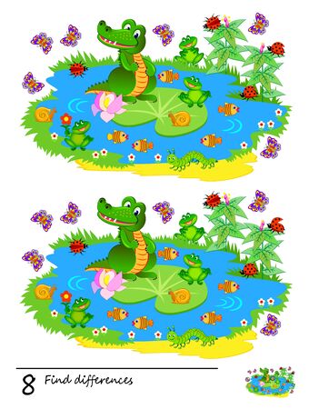 Find 8 differences. Logic puzzle game for children and adults. Printable page for kids brain teaser book. Illustration of cute crocodile on tropical nature. Task for attentiveness. Play online.のイラスト素材