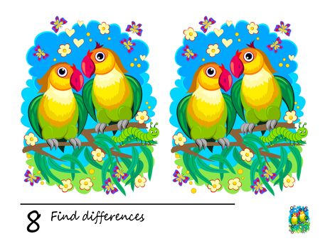 Find 8 differences. Logic puzzle game for children and adults. Page for kids brain teaser book. Illustration of two green parrots. Task for attentiveness. Play online. Developing counting skills.のイラスト素材