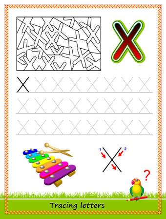 Worksheet for tracing letters. Find and paint all letters X. Kids activity sheet. Educational page for children coloring book. Developing skills for writing and tracing ABC. Online education.のイラスト素材