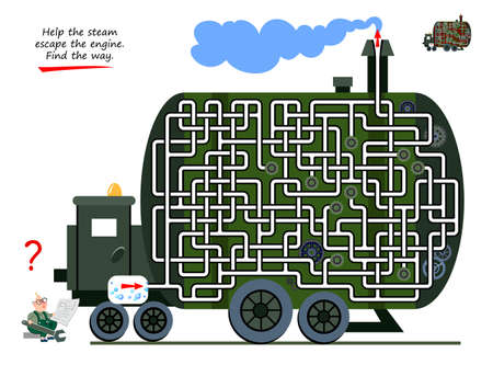 Logic puzzle game with labyrinth for children and adults. Help the steam escape the engine. Find the way. Printable worksheet for kids brain teaser book. IQ test. Online playing. Flat vector.のイラスト素材