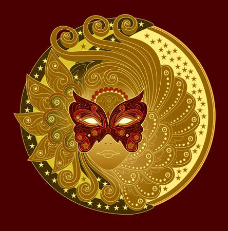 Medallion with fantasy fairy head in  carnival mask. Gold coin with woman's portrait. Fashionable print for logo, clothes, fabric, background and embroidery. Poster for night party.のイラスト素材