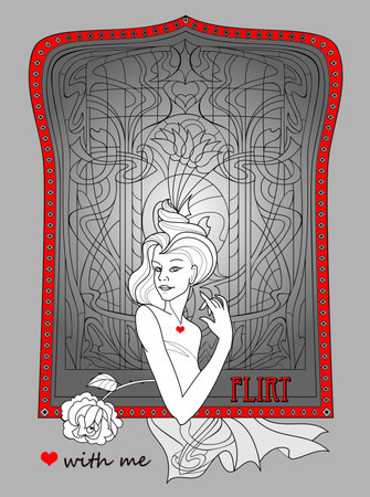 Fantasy drawing of beautiful woman near stained glass window. Poster for night party. Modern print for fashion, beauty, embroidery, decoration. Art nouveau style. Flirt with me. Hand-drawn vector.のイラスト素材