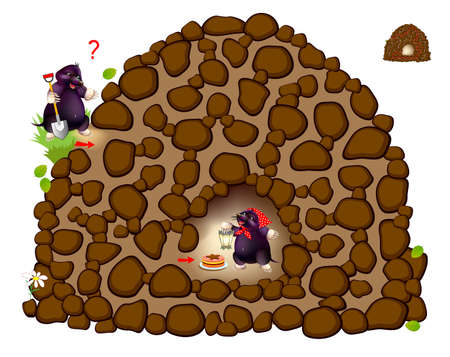 Logic puzzle game with labyrinth for children and adults. Help the mole find the way between the stones to his friend. Worksheet for kids brain teaser book. IQ test. Online playing.のイラスト素材