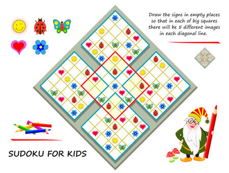Logic Sudoku puzzle game. Draw the signs in empty places so that in each of big squares there will be 5 different images in each diagonal line. Page for kids brain teaser book. Play online. IQ test.のイラスト素材