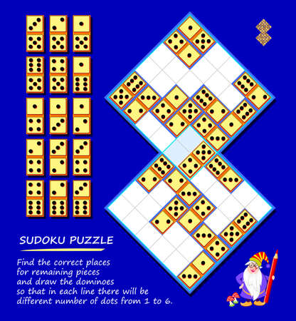 Logic puzzle Sudoku game. Find correct places for remaining pieces and draw dominoes so that in each line there will be different number of dots from 1 to 6. Play online. IQ test.のイラスト素材