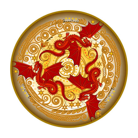 Round dish ornate with Three red dancing dragons. Folk ethnic sign. Print for logo, icon, fabric, embroidery, holiday decoration. Happy Chinese New Year. Geometric circle triple spiral.のイラスト素材