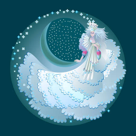 Illustration of fabulous winter fairy. Abstract portrait of beautiful snow queen from fairyland. Print for decoration, logo, beauty and fashion party. Round medallion with women in white dress.のイラスト素材