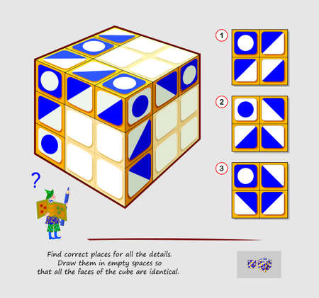 Logic puzzle game for smartest. Find correct places for all the details. Draw them in empty spaces so that all the faces of the cube are identical. Printable page for brainteaser book.のイラスト素材