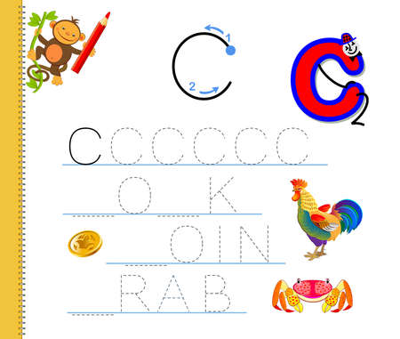 Learn to trace letter C. Study English words. Worksheet for children. Education game with ABC for kindergarten. Developing kids skills for writing and reading. Vector cartoon illustration.のイラスト素材