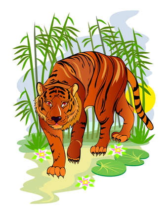 Fantasy illustration of cute tiger in fairyland jungle. Cover for children fairy tale book. Modern print for kids. Printable flat cartoon vector. Wildlife animals.のイラスト素材