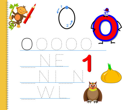 Learn to trace letter O. Study English words. Worksheet for children. Education game with ABC for kindergarten. Developing kids skills for writing and reading. Vector cartoon illustration.のイラスト素材