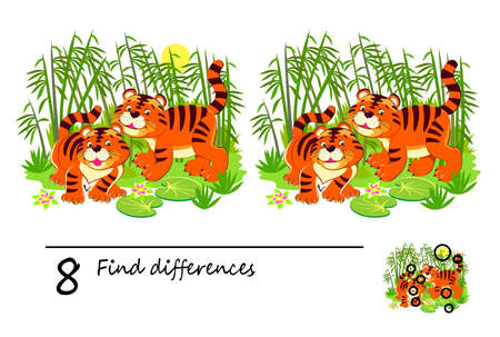 Find 8 differences. Logic puzzle game for children and adults. Brain teaser book for kids. Illustration of two cute little tigers in the jungle. Play online. Developing counting skills.のイラスト素材