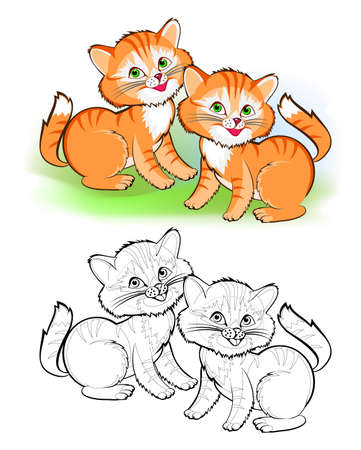 Page for coloring book. Illustration of two toy kittens. Printable worksheet for children exercise book. Online education. Flat cartoon vector. Animals for kids.のイラスト素材