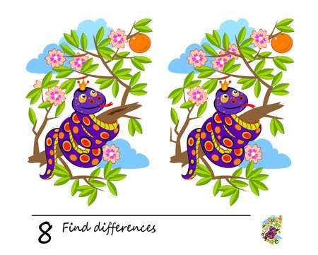 Find 8 differences. Illustration of a snake in the tree. Logic puzzle game for children and adults. Brain teaser book for kids. Play online. Developing counting skills. IQ test.のイラスト素材