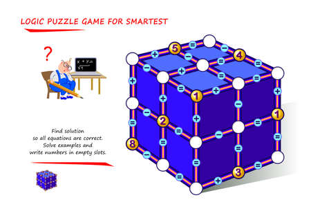 Math logic puzzle game for smartest. Find solution so all equations are correct. Solve examples and write numbers in empty slots. Page for brain teaser book. Memory training exercises for seniors.のイラスト素材