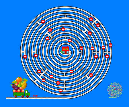 Logic puzzle game with labyrinth for children and adults. Help the lorry deliver fruits to the shop. Find the way. Worksheet for kids brain teaser book. IQ test. Play online. Vector illustration.のイラスト素材